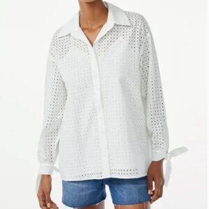 Scoop White Eyelet Sz L Button-Up Long Sleeve Shirt Tie Cuff Detail Feminine